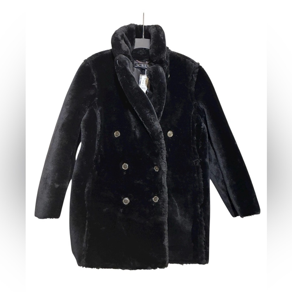 NWTs J Crew Faux Fur Peacoat Black Sz S Fuzzy Double Breasted Coat Oversized - Picture 1 of 7